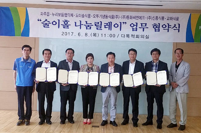 도미솔식품에서는 김치를, 오뚜기냉동식품에서는 만두 등 냉동식품을, 동화씨엔에프에서는 짱구 등 과자를, 신흥식품에서는 허니버터쿠키를, 교하식품에서는 청국장을 매월 50가정에 후원하기로 약속했다.